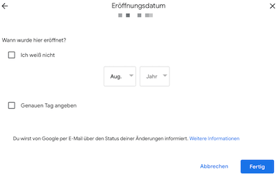 Google My Business Eröffnungsdatum eingeben