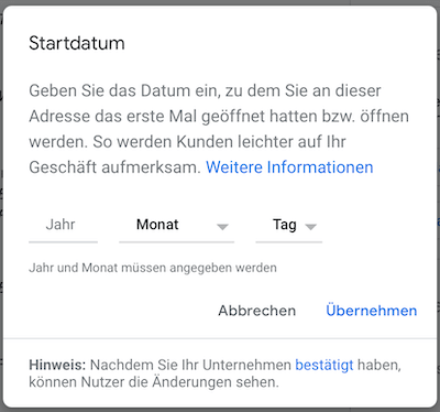 Google My Business Startdatum