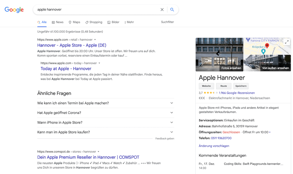 Google My Business Eintrag vom Apple Store Hannover.