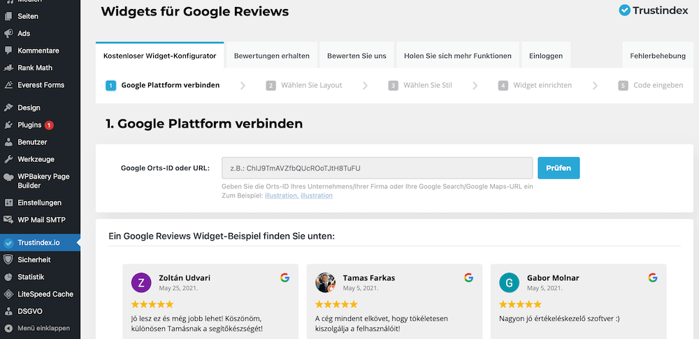 Das Plugin Widgets für Google Reviews im WordPress-Backend.
