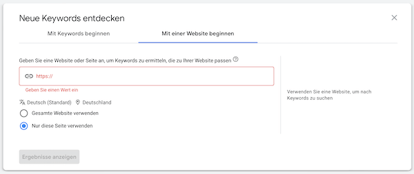 Keywords einer Webseite auslesen mit dem Keyword-Planer