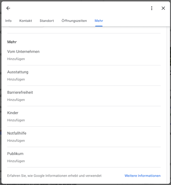 Menü "Mehr" im Google Unternehmensprofil.